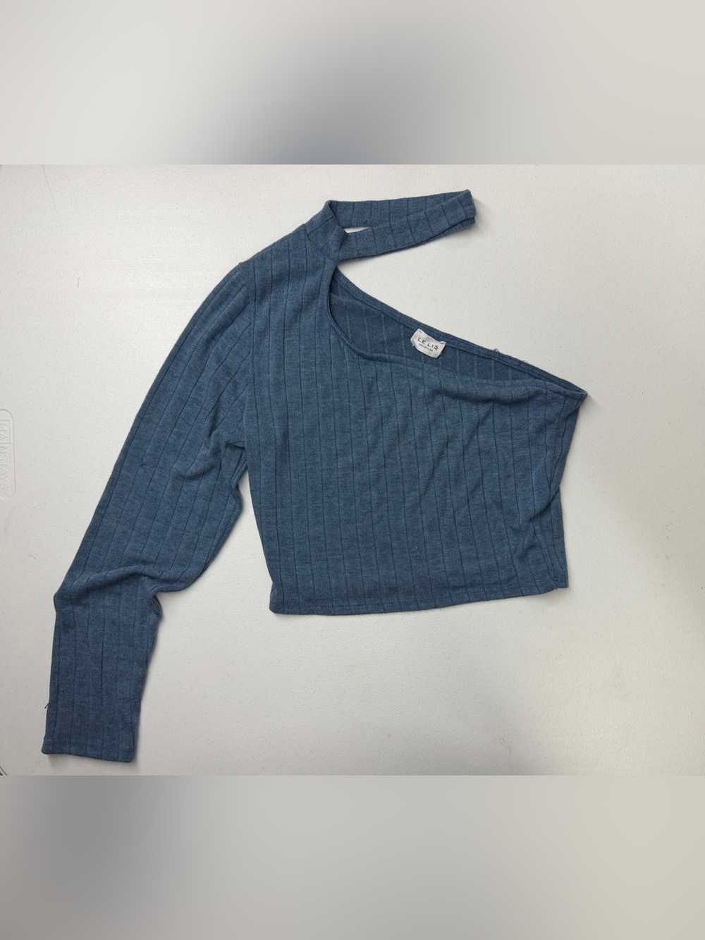Le Lis Blue Ribbed One-Shoulder Crop Top